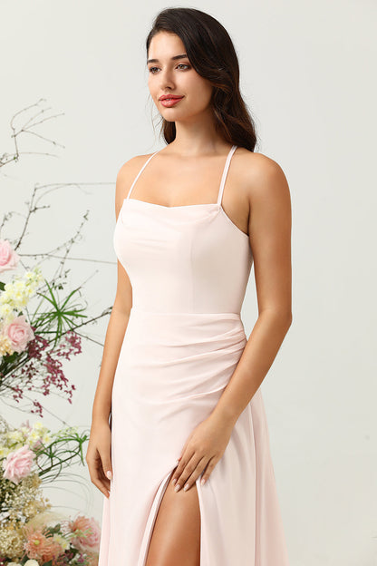 Pink Mermaid Chiffon Long Bridesmaid Dress with Slit