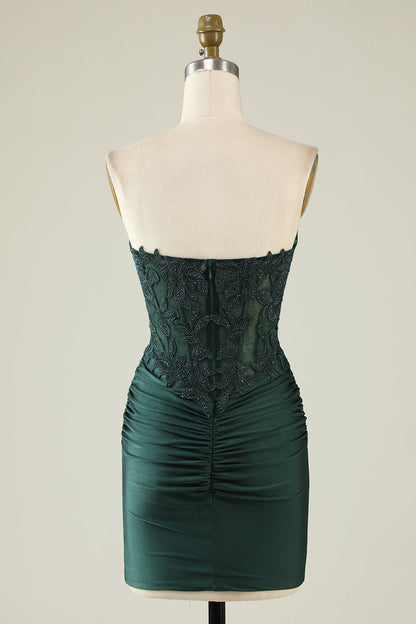 Trendy Strapless Dark Green Short Homecoming Dress with Beading