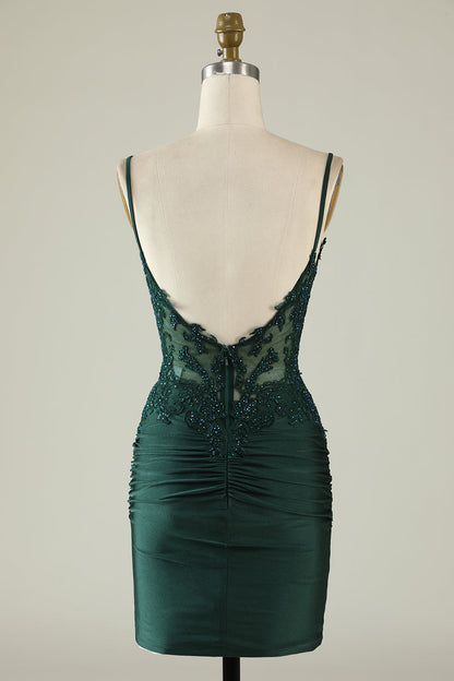 Sheath Spaghetti Straps Dark Green Homecoming Dress with Beading