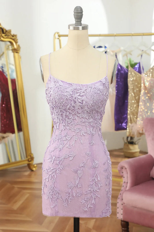 Purple Spaghetti Straps Backless Tight Homecoming Dress With Appliques