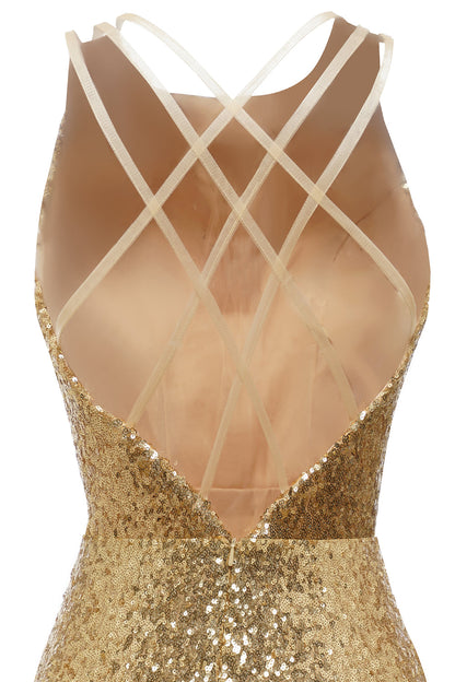 Bodycon Golden Sequins Cocktail Dress Open Back