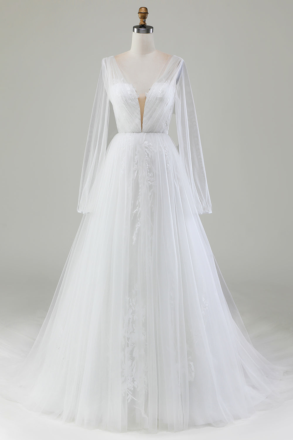 Ivory A-Line V-Neck Pleated Tulle Wedding Dress With Long Sleeves