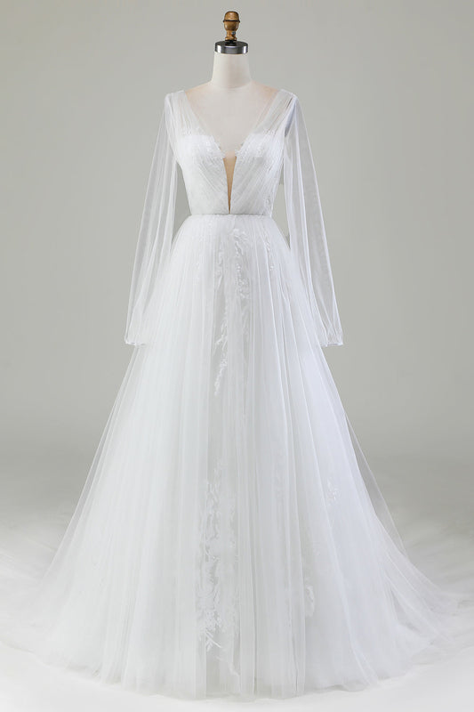 Ivory A-Line V-Neck Pleated Tulle Wedding Dress With Long Sleeves