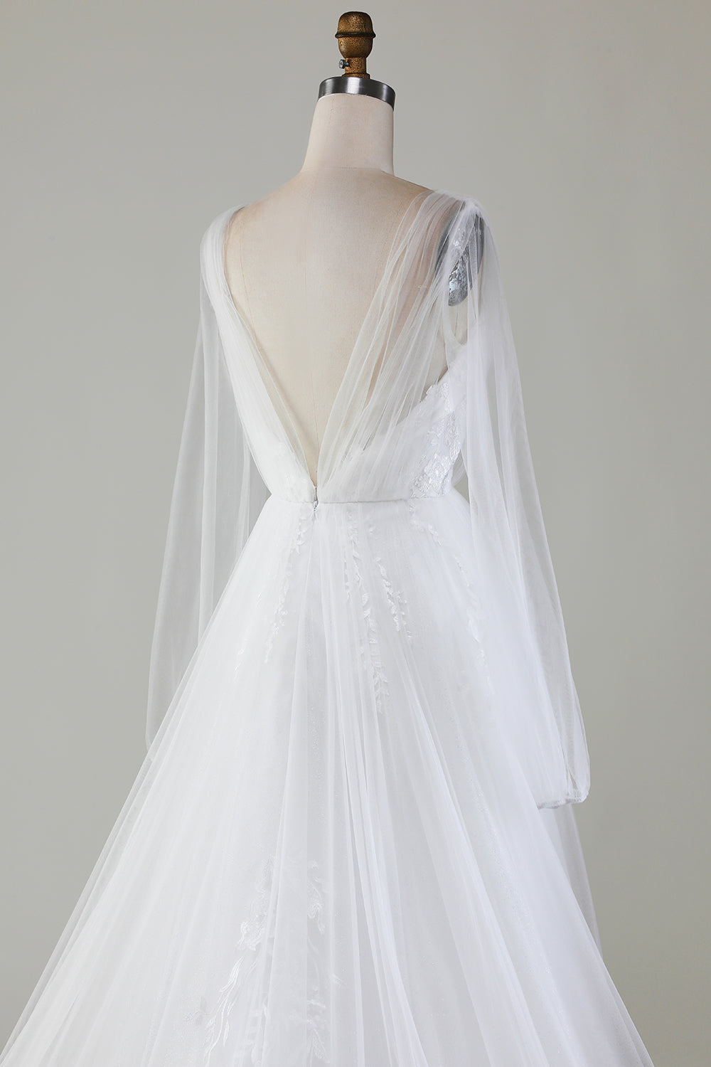 Ivory A-Line V-Neck Pleated Tulle Wedding Dress With Long Sleeves