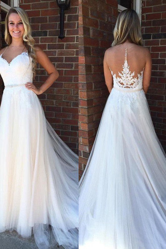 A Line Applique Court Train Sleeveless Tulle Scoop Wedding Dresses