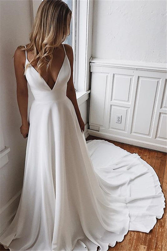 A-line Deep V-neck Court Spaghetti Strap Chiffon Crochet Flower Backless Wedding Dress