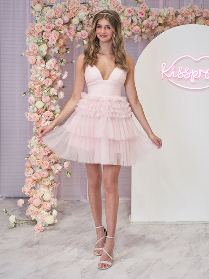 Layla | A-Line Deep V Neck Tiered Short Homecoming Dress