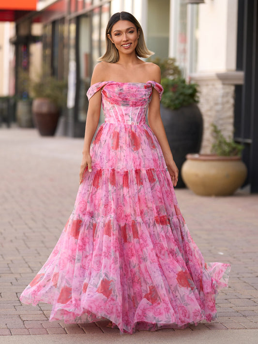 A Line Floral Pink Long Prom Dress