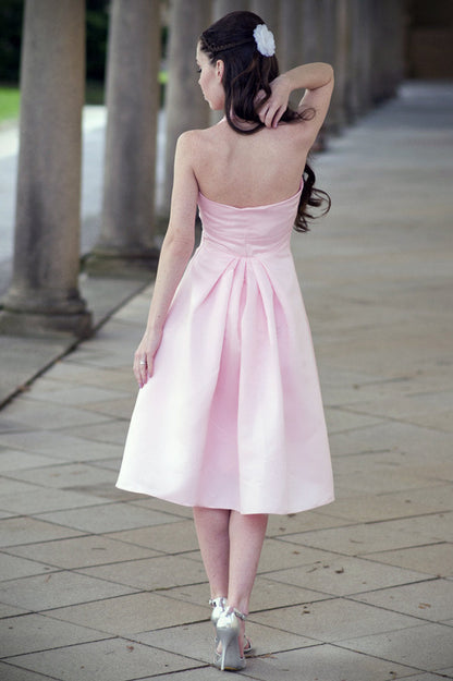 A-line Halter Round Collar Tea Length Chiffon Sleeveless Bridesmaid Dress