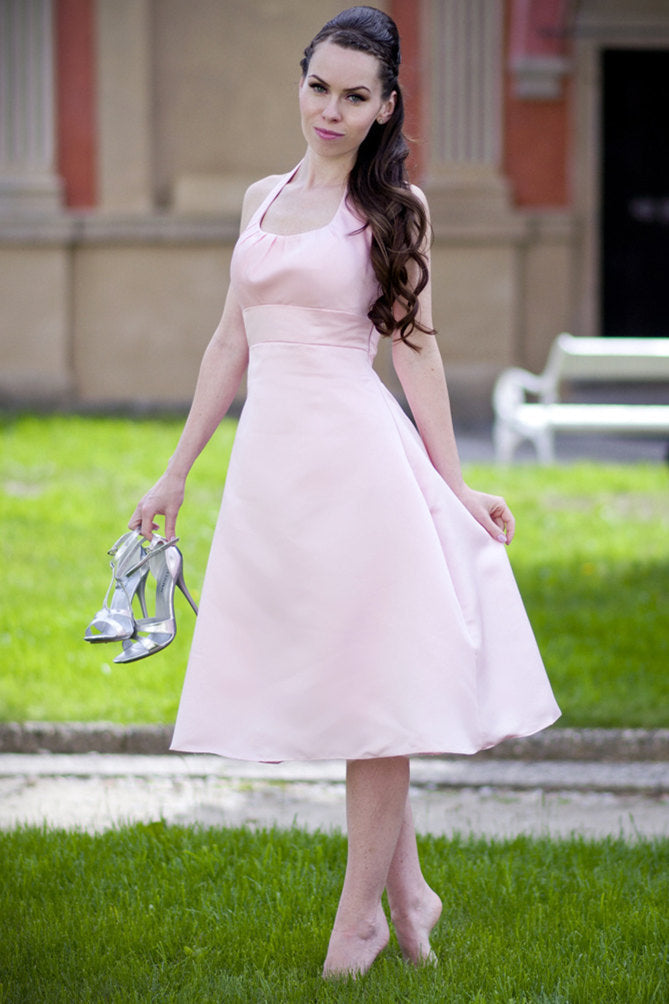 A-line Halter Round Collar Tea Length Chiffon Sleeveless Bridesmaid Dress