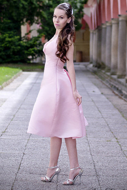 A-line Halter Round Collar Tea Length Chiffon Sleeveless Bridesmaid Dress