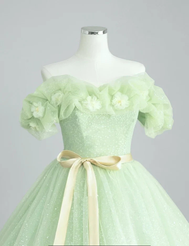 A-Line Off Shoulder Tulle Sage Green Long Prom Dresses