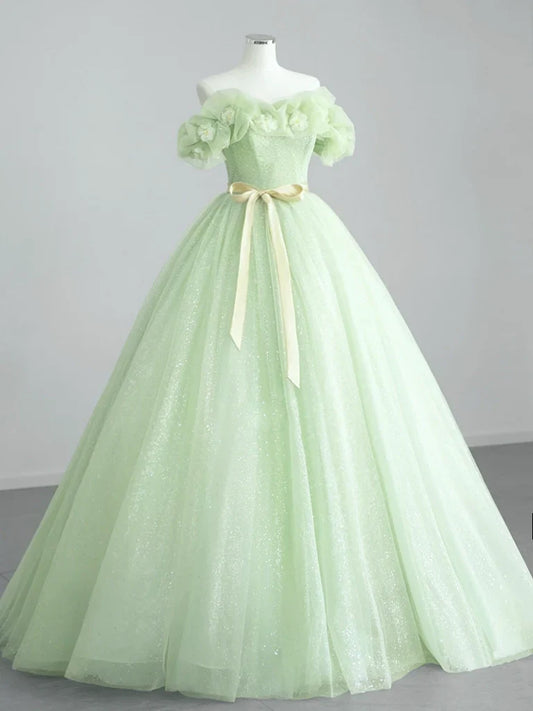 A-Line Off Shoulder Tulle Sage Green Long Prom Dresses