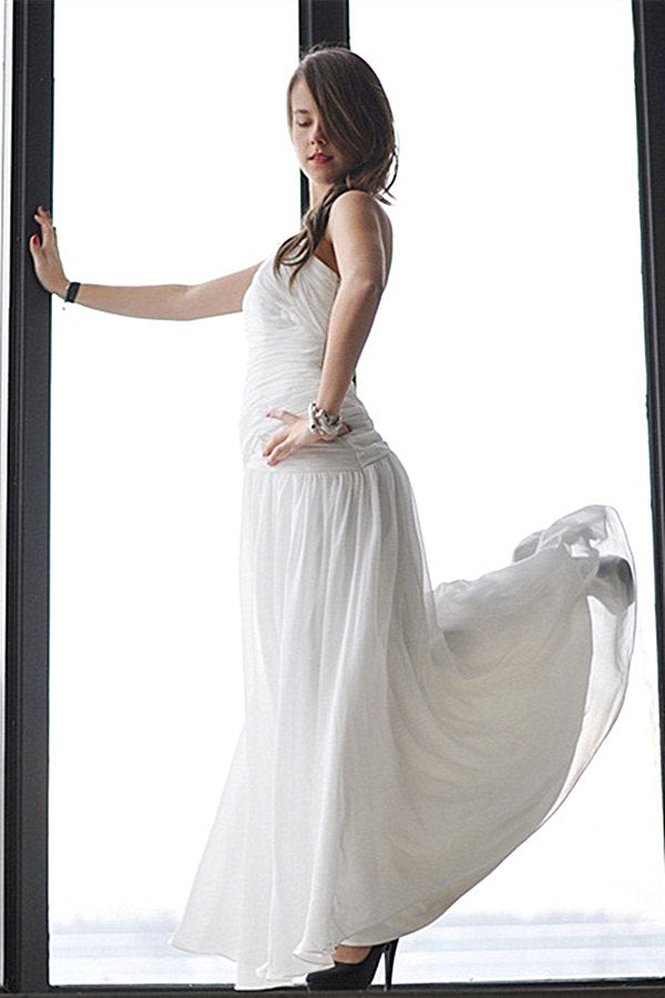 A-line One-shoulder Floor Length Chiffon Backless Wedding Dress