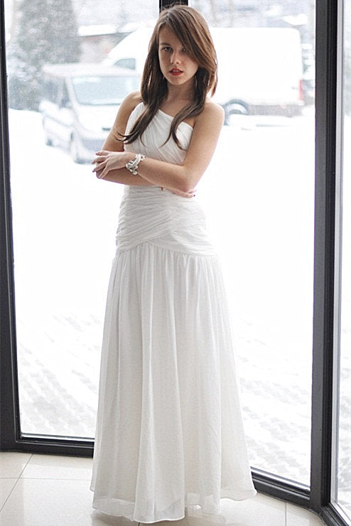 A-line One-shoulder Floor Length Chiffon Backless Wedding Dress