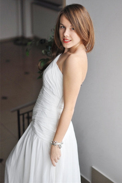 A-line One-shoulder Floor Length Chiffon Backless Wedding Dress