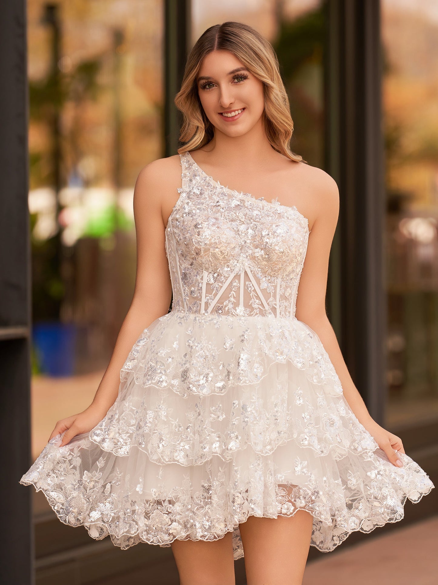 Emma | A Line One Shoulder Navy Tiered Lace Short Homecoming Dress