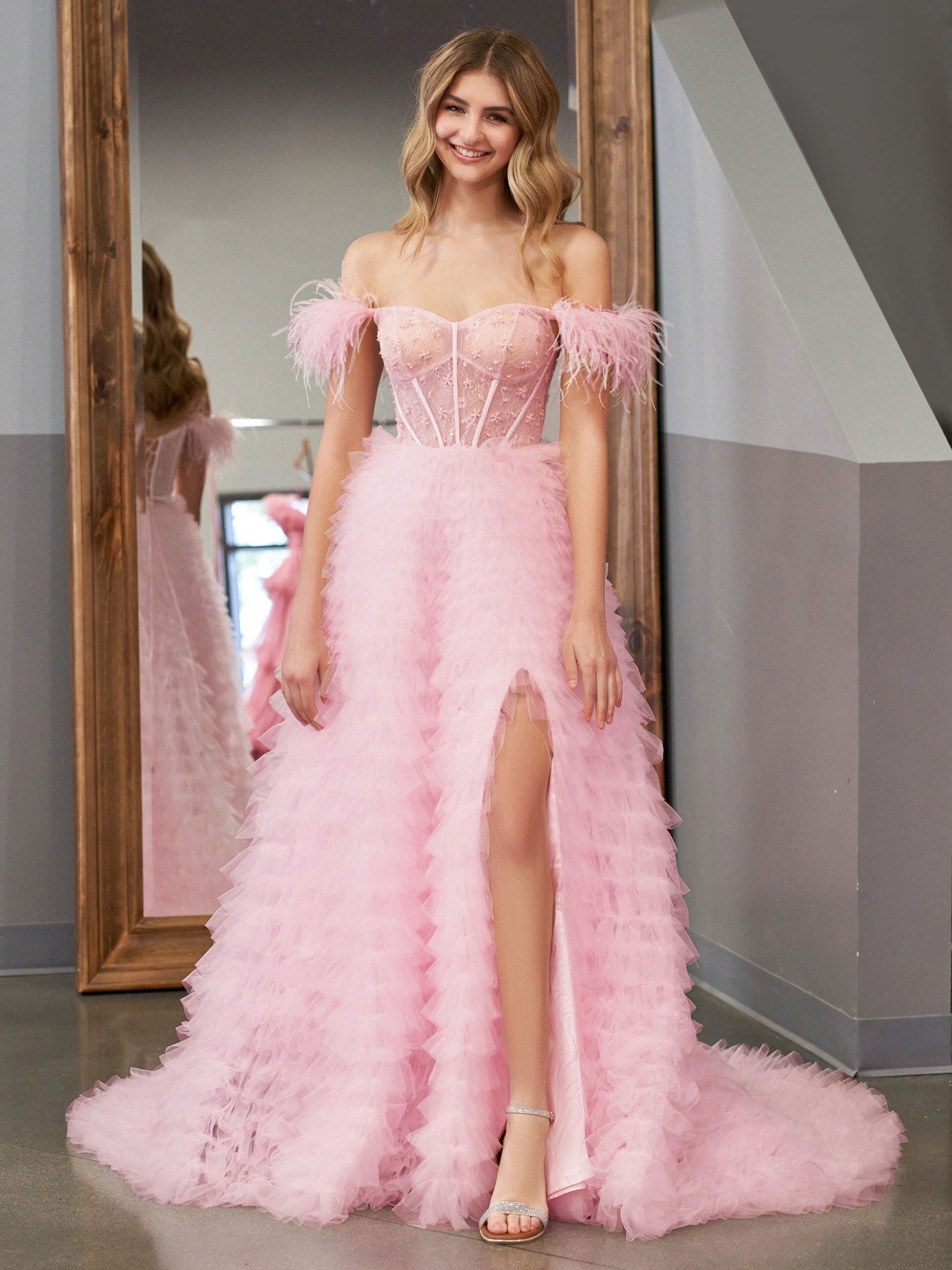 Ingrid |A Line Sweetheart Tiered Tulle Long Prom Dress With Slit