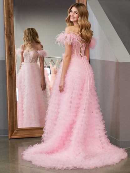 Ingrid |A Line Sweetheart Tiered Tulle Long Prom Dress With Slit