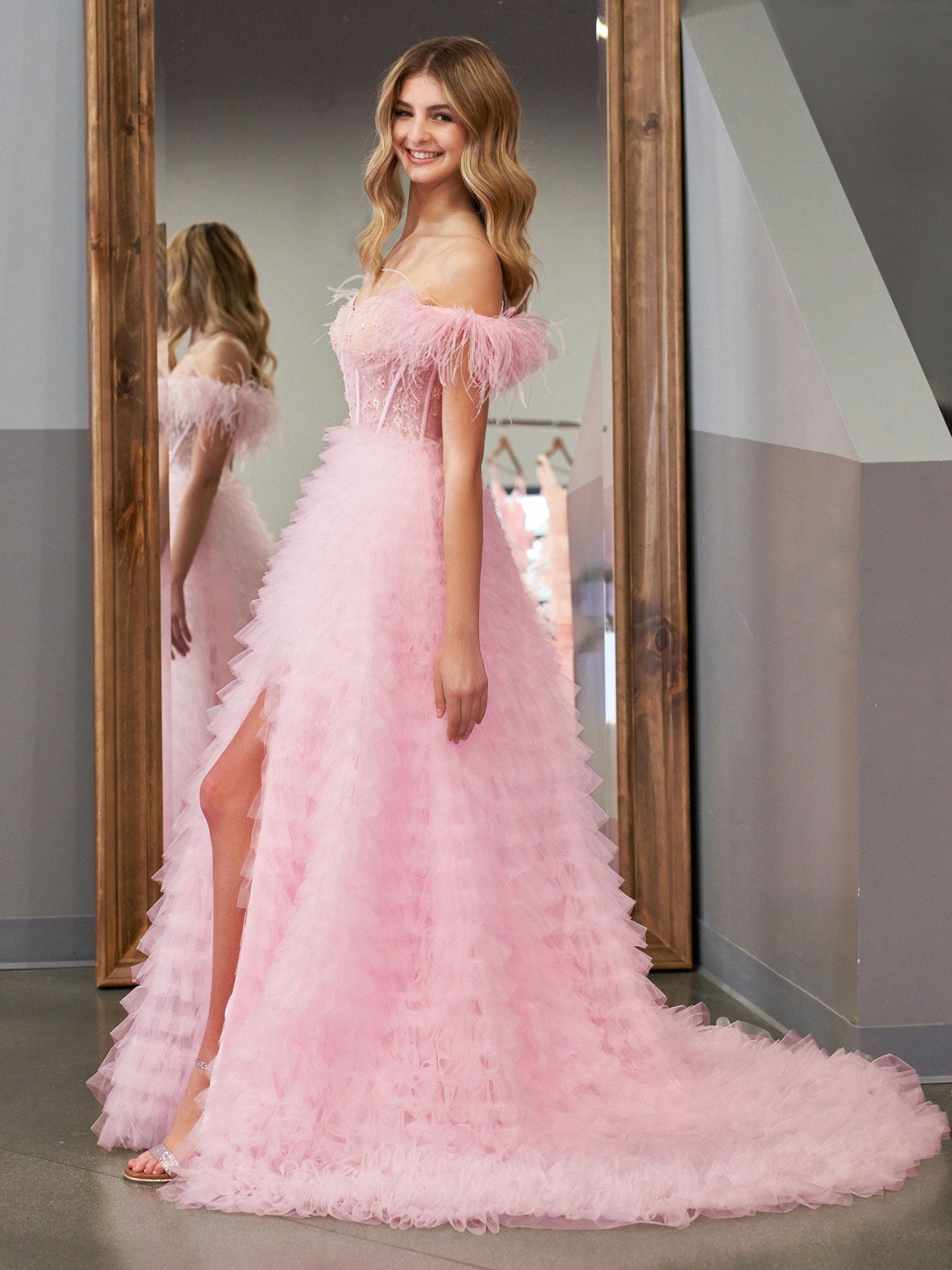 Ingrid |A Line Sweetheart Tiered Tulle Long Prom Dress With Slit