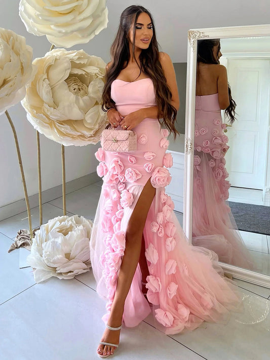 A line Sexy Sweetheart Sleeveless Pink Slit Flowers Prom Dress