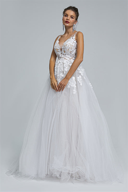 A-line Sheer Straps V-neck Tulle Applique Floor-length Sleeveless Wedding Dress Cover