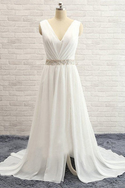 A Line Sleeveless V neck Sweep Train Chiffon Beading Wedding Dresses