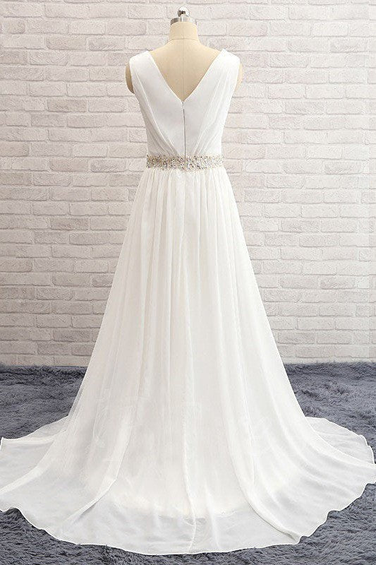 A Line Sleeveless V neck Sweep Train Chiffon Beading Wedding Dresses