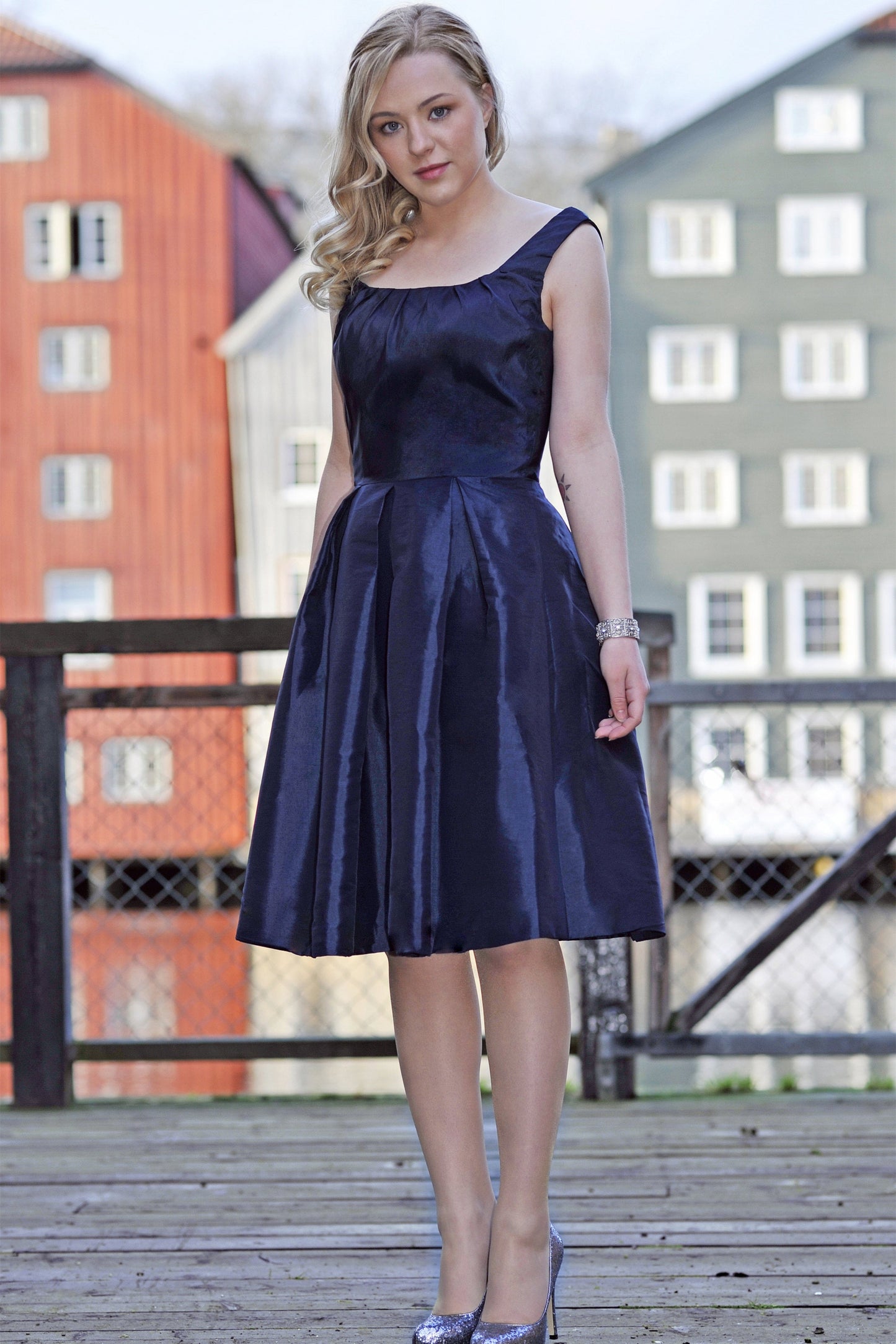 A-line Small Round Collar Knee Length Charmuse Bridesmaid Dress