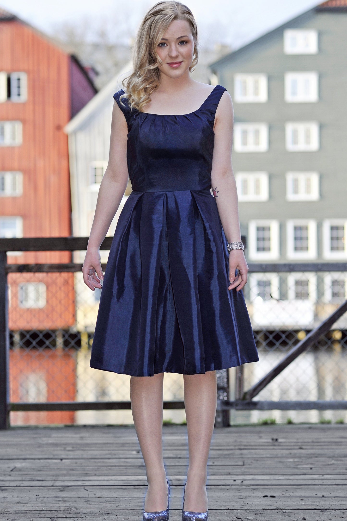 A-line Small Round Collar Knee Length Charmuse Bridesmaid Dress