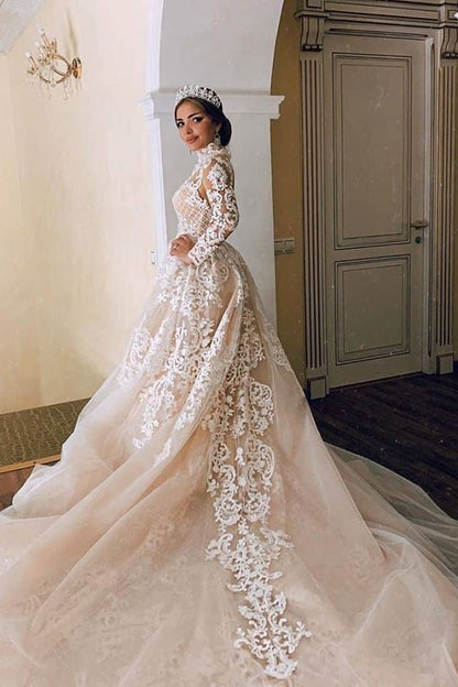 A-line Small Round Collar Long Train Tulle Beading Paillette Wedding Dress