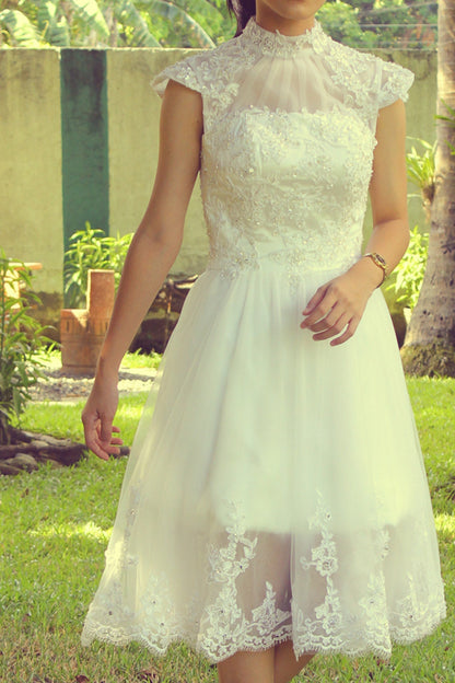 A-line Small Round Collar Tea Length Short Sleeves Tulle Applique Lace Wedding Dress