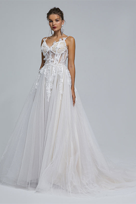 A-line Spaghetti strap Sweetheart Tulle Applique Floor-length Sleeveless Wedding Dress Cover