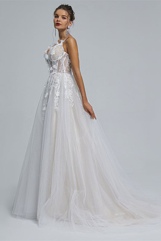 A-line Spaghetti strap Sweetheart Tulle Applique Floor-length Sleeveless Wedding Dress Cover