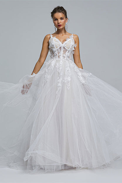 A-line Spaghetti strap Sweetheart Tulle Applique Floor-length Sleeveless Wedding Dress Cover