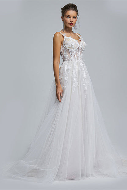 A-line Spaghetti strap Sweetheart Tulle Applique Floor-length Sleeveless Wedding Dress Cover