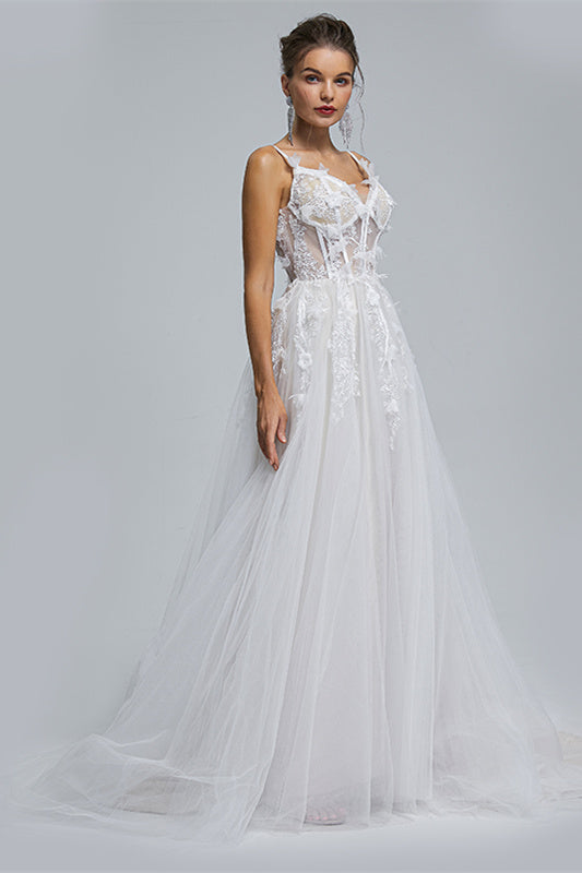 A-line Spaghetti strap Sweetheart Tulle Applique Floor-length Sleeveless Wedding Dress Cover