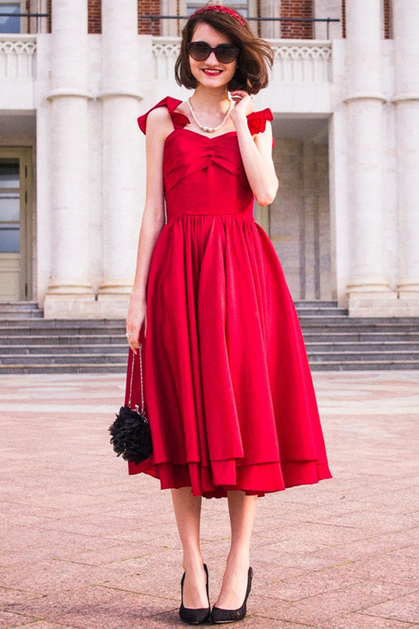 A-line Spaghetti Strap Tea Length Charmuse Homecoming Dress