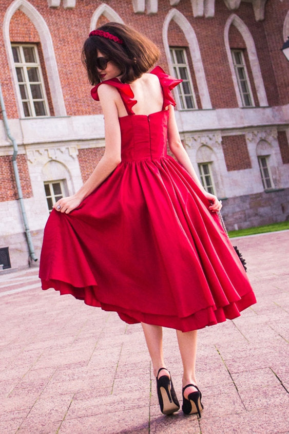 A-line Spaghetti Strap Tea Length Charmuse Homecoming Dress