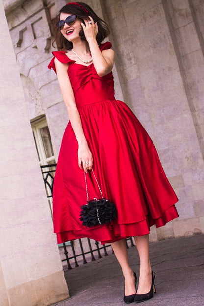 A-line Spaghetti Strap Tea Length Charmuse Homecoming Dress