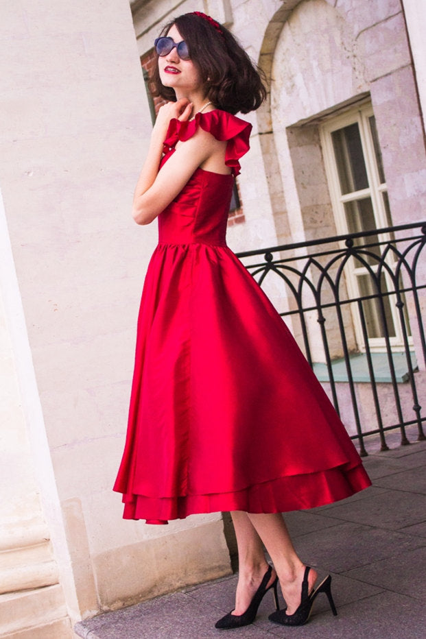 A-line Spaghetti Strap Tea Length Charmuse Homecoming Dress