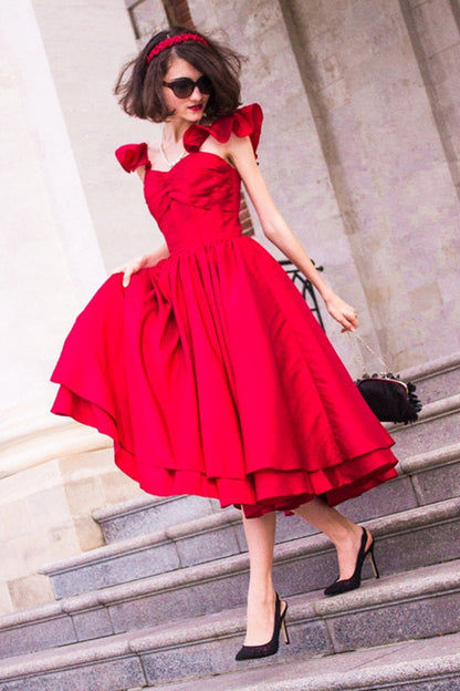 A-line Spaghetti Strap Tea Length Charmuse Homecoming Dress