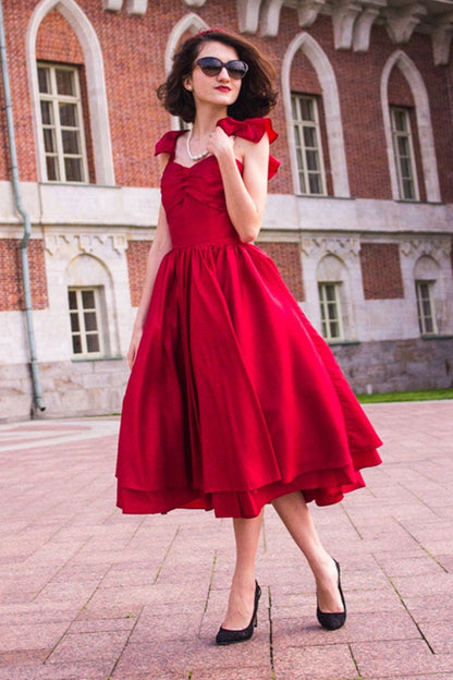 A-line Spaghetti Strap Tea Length Charmuse Homecoming Dress