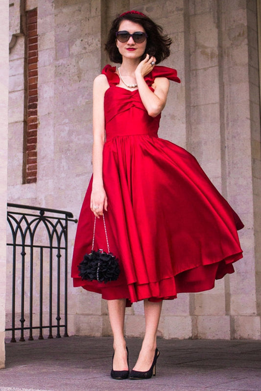 A-line Spaghetti Strap Tea Length Charmuse Homecoming Dress