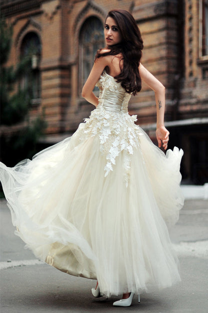 A-line Strapless Floor Length Charmuse Tulle Applique Wedding Dress