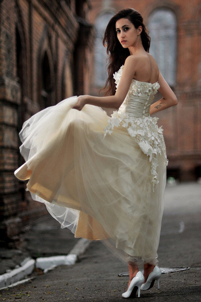 A-line Strapless Floor Length Charmuse Tulle Applique Wedding Dress