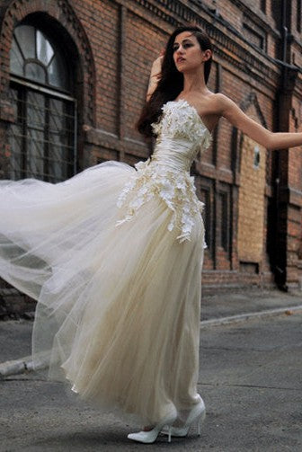 A-line Strapless Floor Length Charmuse Tulle Applique Wedding Dress