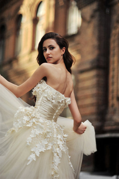 A-line Strapless Floor Length Charmuse Tulle Applique Wedding Dress