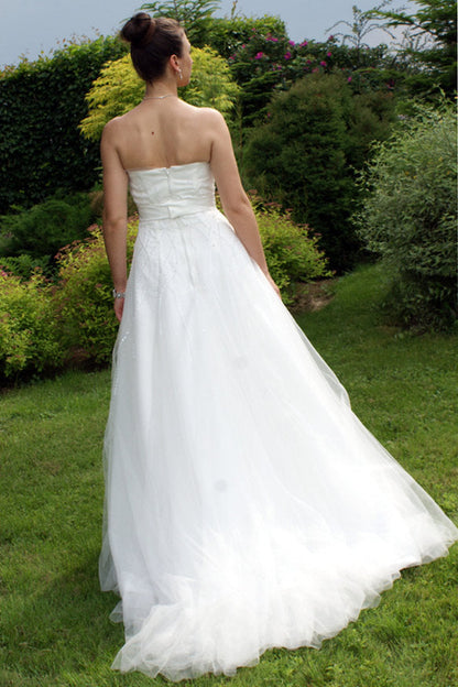 A-line Strapless Floor Length Tulle Applique Beaded Bow Wedding Dress