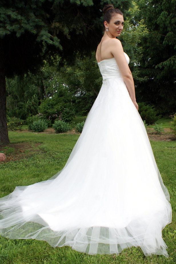 A-line Strapless Floor Length Tulle Applique Beaded Bow Wedding Dress